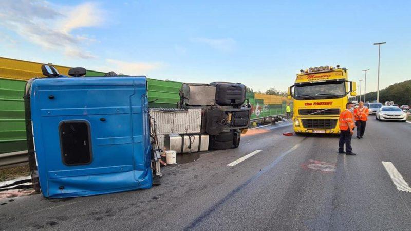 Files ce matin: un camion verse sur le flanc sur l’E40 à Herstal