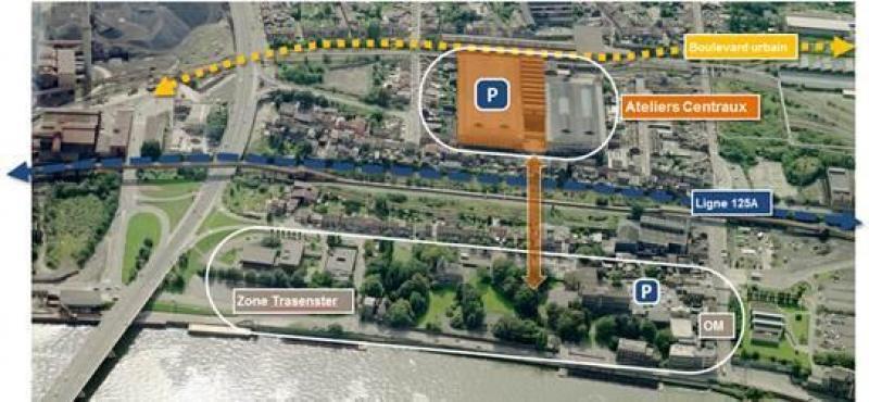 La passerelle (en orange) reliera le parking de délestage au parc de Trasenster et à la ligne SNCB @Eriges