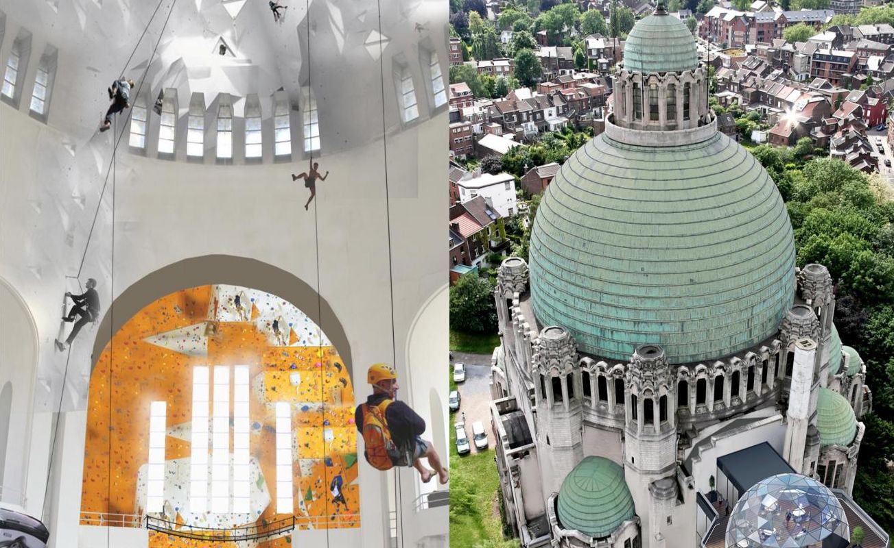 La plus grande salle d’escalade d’Europe dans la basilique de Cointe avec logement et resto panoramique