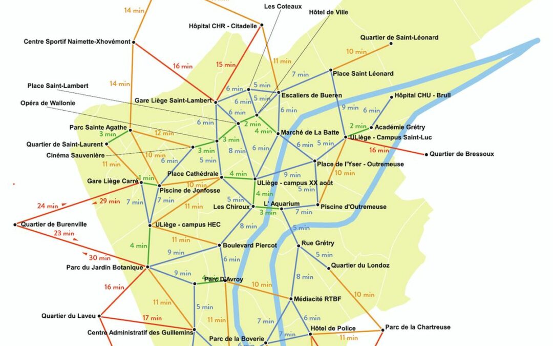 Une carte de Liège pour connaître les temps de trajets à pied entre différents endroits de la ville