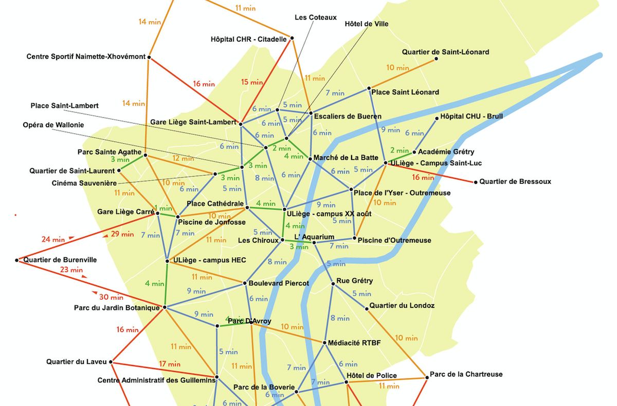 Une carte de Liège pour connaître les temps de trajets à pied entre différents endroits de la ville