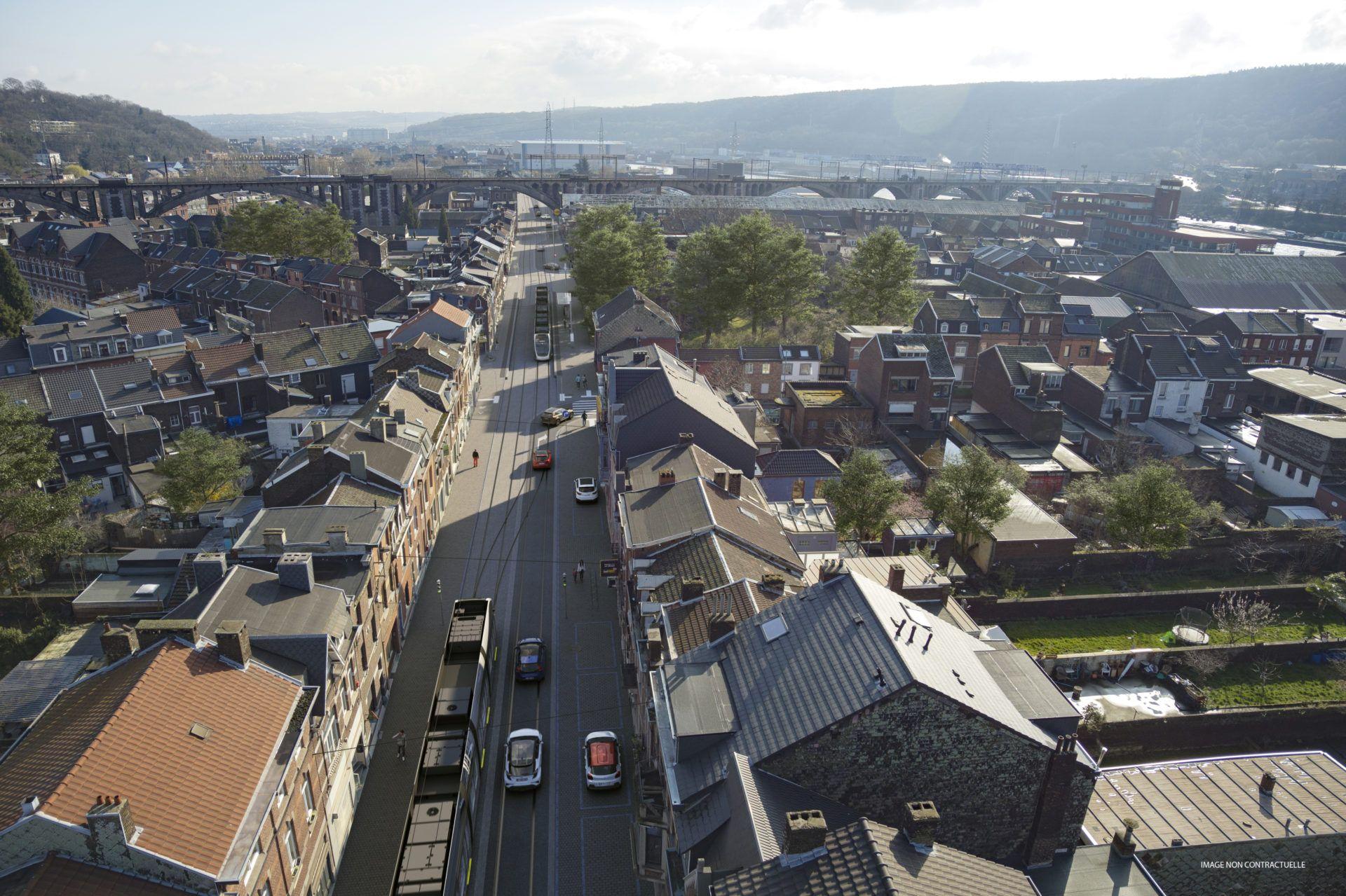 Pose de lignes aériennes de contact pour le tram rue Ernest Solvay