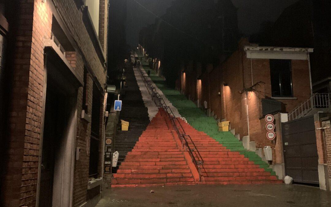 Les escaliers de Bueren repeints cette nuit aux couleurs de la Palestine