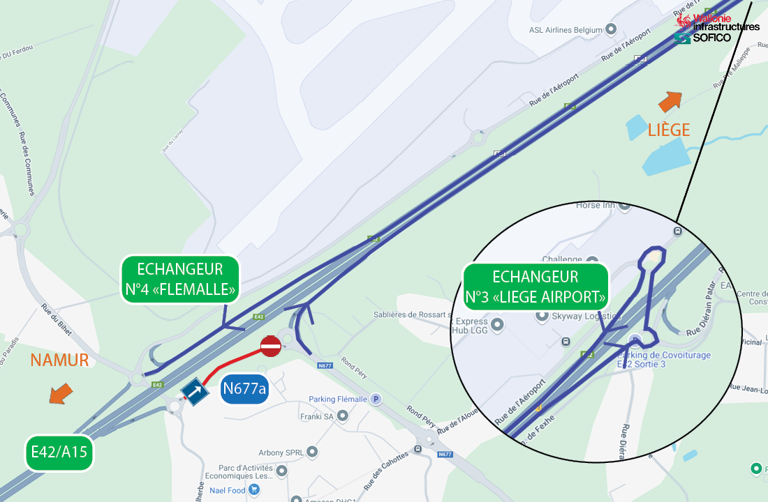 Les usagers circulant sur la N677 et souhaitant rejoindre Liège Airport ou Namur seront toujours invités à rejoindre l’E42/A15 vers Liège et effectuer un demi-tour via l’échangeur n°3 « Liège Airport ». ©Sofico
