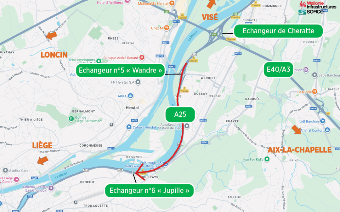 Réfection des revêtements entre Wandre et Jupille vers Liège sur l’A25: des modifications de conditions de circulation sont prévues