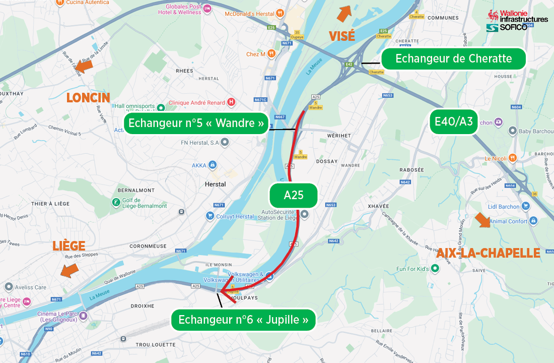 Réfection des revêtements entre Wandre et Jupille vers Liège sur l’A25: des modifications de conditions de circulation sont prévues