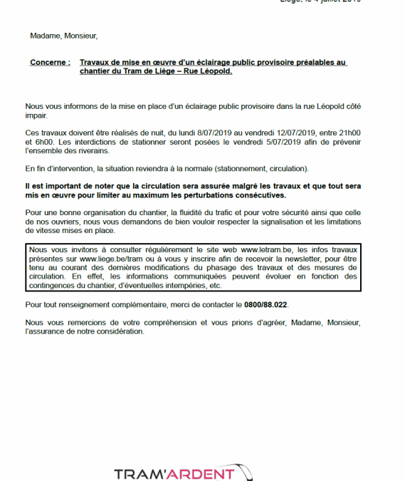 Travaux du tram: interdiction de stationner rue Léopold mais la circulation sera assurée malgré les travaux